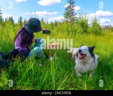Ein Mädchen mit Hut, das auf dem grünen Gras sitzt, macht ein Selfie am Telefon mit einem weißen, fröhlichen Hund im Sommer im Wald. Stockfoto
