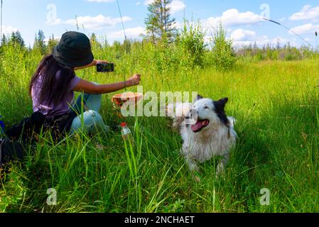 Ein Mädchen mit Hut, das auf dem grünen Gras sitzt, macht ein Selfie am Telefon mit einem weißen, fröhlichen Hund im Wald an einem hellen Tag. Stockfoto