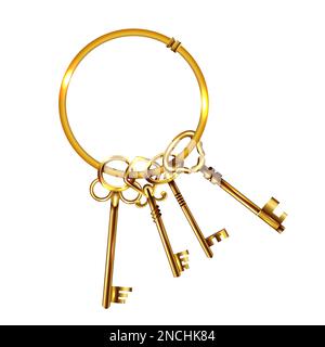 Realistische Vintage-Schlüssel verbinden Zusammensetzung vier goldene Schlüssel auf dem Ring auf einem weißen Hintergrund Vektorabbildung Stock Vektor
