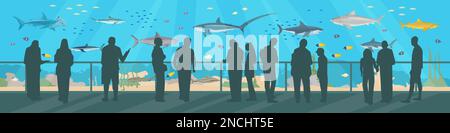 Haie in einer flachen Zusammensetzung des Ozeanariums mit horizontaler Sicht auf das große Aquarium mit Unterwasserfischen und Menschen Vektordarstellung Stock Vektor