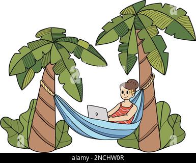 Handgezeichnete Freiberuflerin, die an einem Laptop unter einem Kokosnussbaum arbeitet, Illustration im Doodle-Stil, isoliert im Hintergrund Stock Vektor