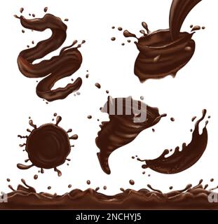 Dunkle Schokolade spritzt mit realistischem Set mit isolierten Strömungen und Tropfen Stock Vektor