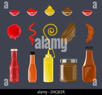 Flaches Set mit Flaschen und Streifen Tomatenketchup Senf Chili bbq-Saucen isoliert vor farbigem Hintergrund Vektorbild Stock Vektor