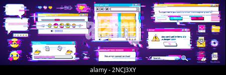 Digitale Retro-Computer-Schnittstelle mit Störungseffekt. Desktop-PC-Bildschirm mit Fenstern, Symbolen und Meldungsrahmen im retrowave-Stil in Neonfarben, Vektorgrafik Stock Vektor