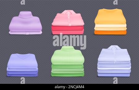 Ein Stapel sauberer Baumwollkleidung mit Kragenvektor. Isolierter, realistischer Stapel Leinenhemd und Pullover mit Schatten. Gefaltetes farbiges Freizeittuch für Einzelhandelsgeschäfte. Kleidung einkaufen und organisieren. Stock Vektor