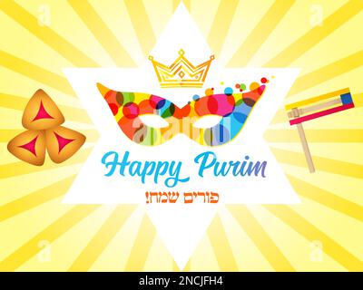 Happy Purim bläst bunten Maske mit Hashen und Rashan. Hebräischer Text - Chag Purim Sameach, traditionelle Grußkarte. Vektordarstellung Stock Vektor