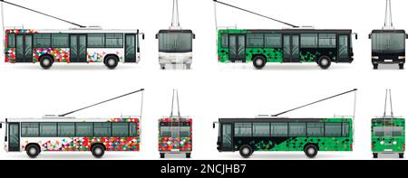 Realistisches Trolleybus-Set mit Symbolen für den Stadtverkehr isolierte Vektordarstellung Stock Vektor