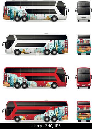 Bus-realistisches Set mit Transportsymbolen isolierte Vektordarstellung Stock Vektor