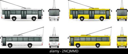 Busmodell realistisches Set mit Einzelbildern weißer und gelber Trolleybusse auf leerer Vektordarstellung im Hintergrund Stock Vektor