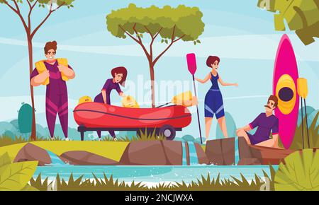 Flussrafting-Konzept mit Menschen in Badeanzügen mit Kanu- und Gummibooten Cartoon-Vektorgrafik Stock Vektor