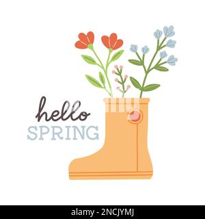 Hallo Frühling. Süße Regenstiefel mit Blumen, Pflanzen. Handgezeichneter Frühlingsdruck, Karte, Poster. Handgeschriebener Text, Buchstaben Stock Vektor