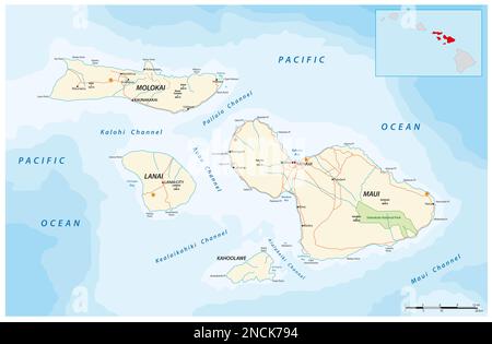Straßenkarte der hawaiianischen Inseln Maui, Molokai, Lanai und Kahoolawe Stockfoto