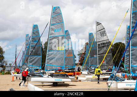 Weta-Boote werden für das Rennen vorbereitet, Australian Weta Class National Championships, Gippsland Lakes, Paynesville, Victoria, Australien. Stockfoto