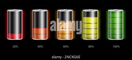 Batterien mit unterschiedlichen Ladezuständen realistische Darstellung des Vektors isoliert auf schwarzem Hintergrund Stock Vektor