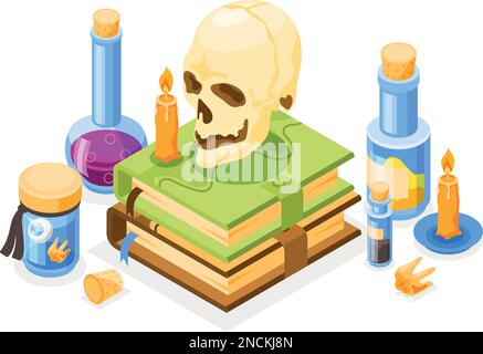 Magische Werkzeuge für Alchemiefahrzeuge mit Schädelbüchern Kerzen und Kolben isometrische Zusammensetzung 3D-Vektordarstellung Stock Vektor