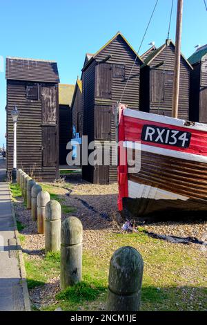 NET Huts, Hastings, East Sussex, Großbritannien Stockfoto