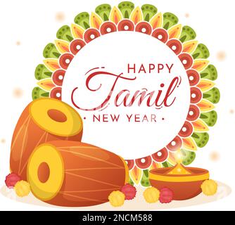 Happy Tamil New Year Illustration mit Vishu Flowers, Pots und Indian Hindu Festival in Flat Cartoon handgezeichnet für Landing Page Templates Stock Vektor