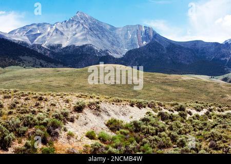 Mount Borah über dem Fault Scarp (ca. 9 m hoch) von der 1983 Mt. Borah Erdbeben. Der senkrechte orangefarbene (kalkhaltiger Silstein) und der schwarze (Dolomit) b Stockfoto