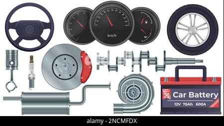 Autoteile realistisches Set mit Symbolen für Autobatterien isolierte Vektordarstellung Stock Vektor