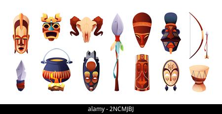 Afrikanische Zeremoniemasken. Karikatur uralte rituelle Stammessymbole, traditionelle Afrika zulu Ureinwohner Voodoo Religion Gesichtsform Totempfähle. Vektorsammlung. Ethnische Attribute, Trommel, Bogen und Speer Stock Vektor