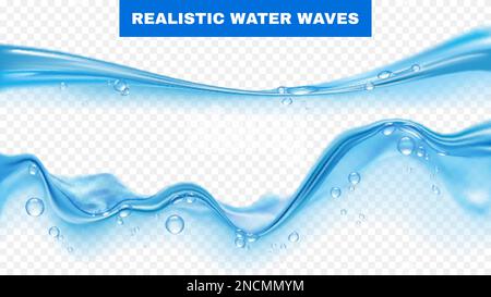 Realistische blaue Wasserwellen mit isolierten Blasen auf transparenter Hintergrundvektordarstellung Stock Vektor