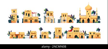 Sandhäuser. Cartoon alte arabische Schlammziegelarchitektur, traditionelle Wohngebäude im mittleren Osten mit Palmen und muslimischer Moschee. Vektorflachsatz. Straße mit Bauarbeiten, Wahrzeichen Stock Vektor