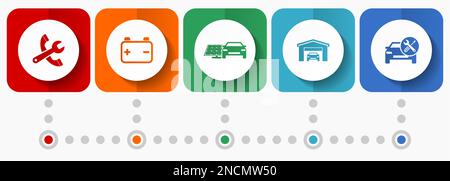 Vektorsymbole für den Fahrzeugservice, Webknopfsammlung für Werkstattflachteile, Infografik-Vorlage für Geschäftskonzepte Stock Vektor