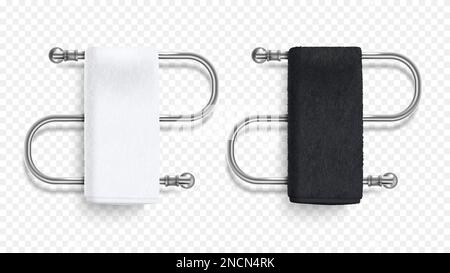 Set aus zwei realistischen, modernen, beheizten Schienen in Silber mit weißen und schwarzen Handtüchern, isoliert auf transparentem Hintergrund, Vektordarstellung Stock Vektor