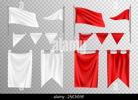 Realistische, weiße und rote Flaggenmodelle verschiedener Formen, die gegen transparente Hintergrundvektoren isoliert sind Stock Vektor
