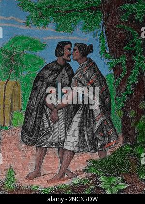 Neuseeland. Die traditionelle Maori-Begrüßung, die Hongi. Die Nasen drücken. Gravur. 19. Jahrhundert. Stockfoto