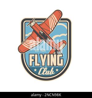 Fliegende Clubsymbol, Vektorsymbol des Pilotensportclubs mit Retro-Flugzeug im Flug. Abzeichen der Aviation Academy und des Piloten-Trainingsklubs mit Propellerflugzeug, das in Wolken fliegt, Flugsportschild Stock Vektor