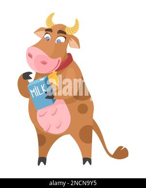 Niedliche Kuh-Zeichentrickfigur mit Milchkastensymbol Stock Vektor
