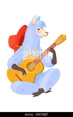 Lamas Alpakas mit mexikanischem Hut, die Gitarre spielen Stock Vektor
