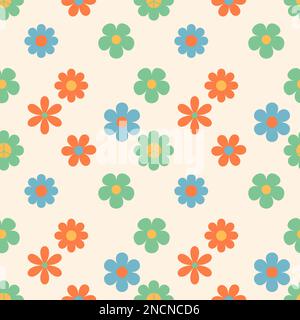 Groovy Hippie Happy Easter Nahtloses Muster. Hintergrund mit Blumen im modischen Retro-Cartoon-Stil der 60s 70s Jahre. Stock Vektor