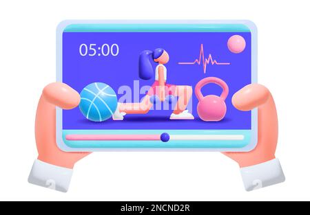 Cartoon-Konzept für Online-Fitnesstrainer mit menschlichen Händen, die ein Tablet halten, während eine Frau auf dem Bildschirm trainiert Stock Vektor