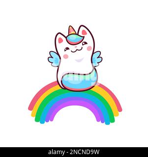 Cartoon niedliche Kawaii-Caticorn-Figur auf Regenbogen. Weiße Vektorkatze mit lächelndem Gesicht, magische Kätzchen mit farbenfrohem Schwanz, Horn und Flügeln. Lustiges Märchenkätzchen in der Welt des Fantasiehimmels Stock Vektor