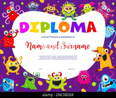 Kinder Diplom Cartoon niedliche Monster Charaktere. Rahmenvorlage für Bildungspreis, Vektorschule, Sommercamp oder Kindergarten. Erste-Platz-Trophäe mit lustigen Aliens oder Halloween-Kreaturen Stock Vektor