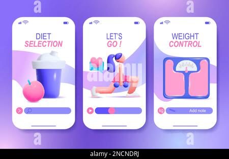Fitness Gewichtskontrolle Diät Auswahl vertikale mobile Webbanner isoliert auf Gradientenhintergrund Cartoon Vektordarstellung Stock Vektor