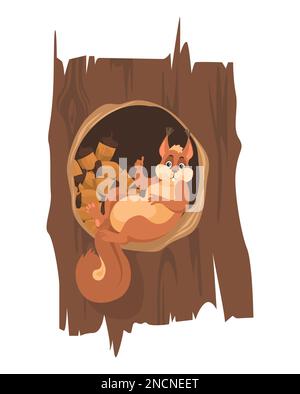 Eichhörnchen mit Nussernte in Baumhohlvektor Stock Vektor