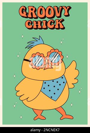 Tolle Hippie-Poster zu Ostern. Osterbraut. Vektorkarte im modischen Retro-60s 70s-Cartoon-Stil. Stock Vektor