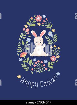 Osterei mit süßem Cartoon-Kaninchen und Blumen. Weihnachtskarte Frohe Ostern. Vektordarstellung in flacher Form Stock Vektor
