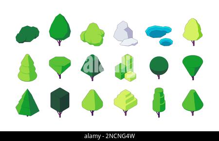 Isometrische Bäume und Büsche. Botanische Sträucher und Pflanzen mit Laub, Naturkonstruktor-Kit polygonale Form für das Spieldesign. Vektorsatz. Umweltelemente für den Außenbereich für Wald, Landschaft Stock Vektor