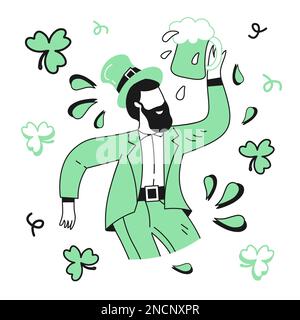 Ein Mann mit Bart in St. patricks Kostüm, der Bier St. patricks Day hält Stock Vektor