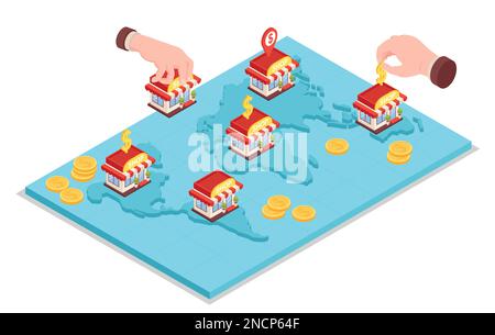 Franchisekonzept mit isometrischen Vektordarstellungen für Geschäfts- und Finanzsymbole Stock Vektor