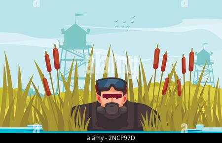 Ein Super-Agent-Cartoon-Poster mit einem Undercover-Ermittler, der sich in einer Sumpfvektorzeichnung versteckt Stock Vektor