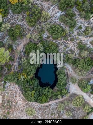 Ein Blick aus der Vogelperspektive auf einen kleinen Teich, umgeben von dichten Bäumen Stockfoto