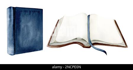 Aquarell-Satz geöffneter und geschlossener Bücher mit dunkelblauer und roter Umschlagszeichnung isoliert auf weißem Hintergrund für Haggadat Pesach Designs Stockfoto