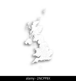 Politische Karte des Vereinigten Königreichs Großbritannien und Nordirland mit Verwaltungsbezirken - Grafschaften, einheitliche Behörden und Greater London in England, Bezirke Nordirlands, ratsbezirke Schottlands und Bezirke, Bezirke und Städte in Wales. Flache weiße, leere Karte mit dünnem schwarzen Umriss und Schlagschatten. Stock Vektor