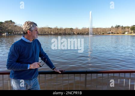 Seitenansicht eines bärtigen Mannes mittleren Alters in blauem Freizeitpullover, der sich am Geländer lehnt, während er am See mit Brunnen im Park steht Stockfoto
