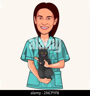 Eine Tierärztin mit Katzenvektor, Lady Women Doctor hält süße Katze mit Stethoskop, Veterinär Arzt überprüft Katzenbild, Stockfoto